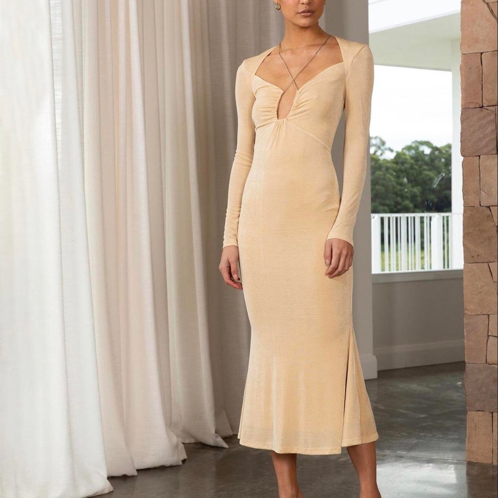 Misha Collection Cream Long-Sleeve Keyhole Midi Dress